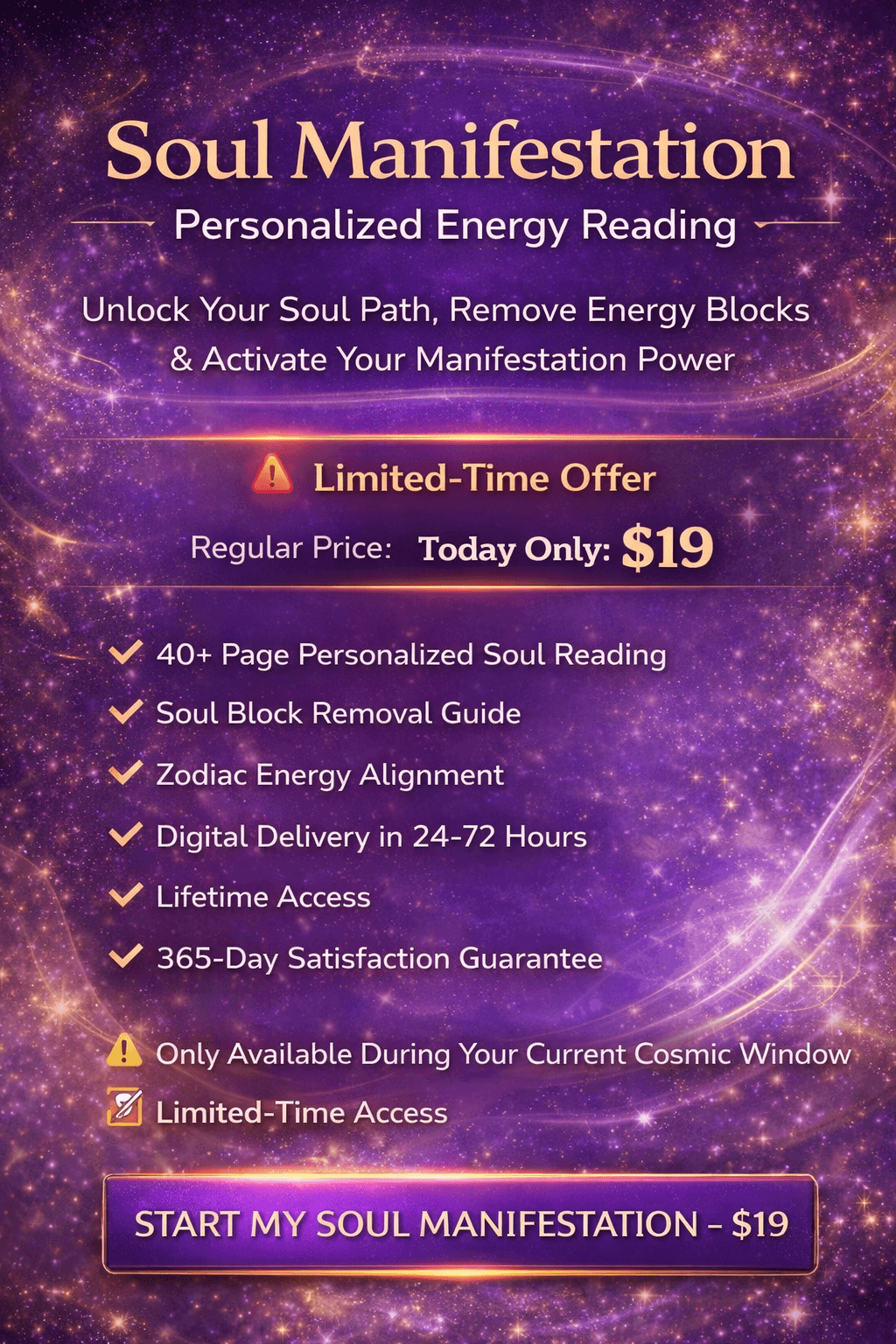 Instant digital access button for the Soul Manifestation report with a 100 percent risk-free money-back guarantee seal.