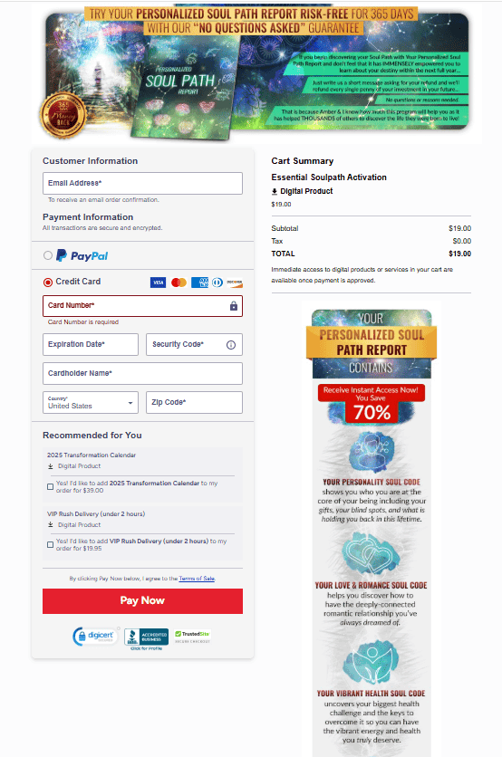 Verified secure checkout page for Soul Manifestation orders featuring 256-bit SSL encryption and a 365-day guarantee.